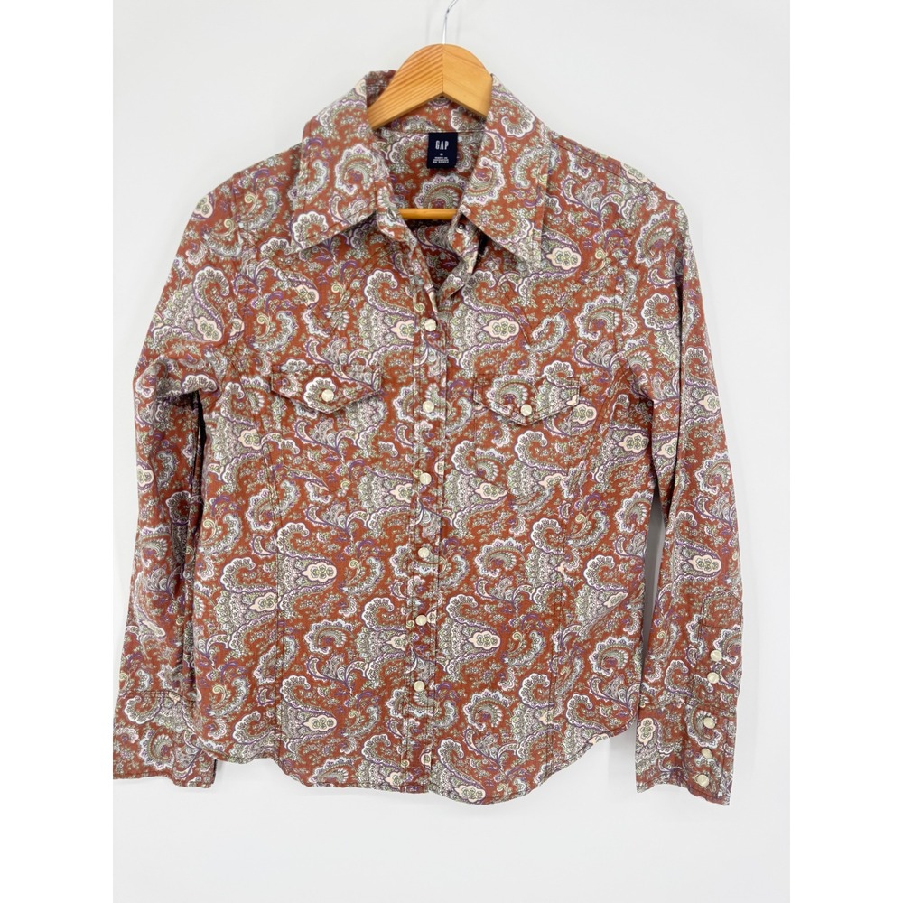 Gap Paisley Western Snap Shirt Women S Brown Pearl Snap Cowgirl Country 70s